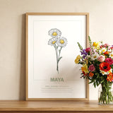 geboorteposter, gepersonaliseerd, geboortebloem, poster, maand, april, madeliefje, babykamer, botanische print, wanddecoratie, maandbloem, kunstafdruk, interieur, illustratie, Symboliek, kraamcadeau, poster natuur, kinderposter