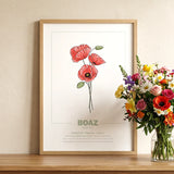 geboorteposter, gepersonaliseerd, geboortebloem, poster, maand, augustus, klaproos, babykamer, botanische print, wanddecoratie, maandbloem, kunstafdruk, interieur, illustratie, Symboliek, kraamcadeau, poster natuur, kinderposter