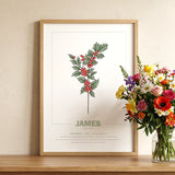geboorteposter, gepersonaliseerd, geboortebloem, poster, maand, december, hulst, babykamer, botanische print, wanddecoratie, maandbloem, kunstafdruk, interieur, illustratie, Symboliek, kraamcadeau, poster natuur, kinderposter