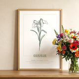 geboorteposter, gepersonaliseerd, geboortebloem, maand, poster, januari, Sneeuwklokje, babykamer, botanische print, wanddecoratie, maandbloem, kunstafdruk, interieur, illustratie, Symboliek, kraamcadeau, poster natuur, kinderposter