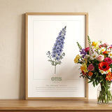 geboorteposter, gepersonaliseerd, geboortebloem, poster, maand, juli, ridderspoor, babykamer, botanische print, wanddecoratie, maandbloem, kunstafdruk, interieur, illustratie, Symboliek, kraamcadeau, poster natuur, kinderposter