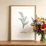 geboorteposter, gepersonaliseerd, geboortebloem, poster, maand, mei, lelietjes van dalen, babykamer, botanische print, wanddecoratie, maandbloem, kunstafdruk, interieur, illustratie, Symboliek, kraamcadeau, poster natuur, kinderposter