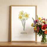 geboorteposter, gepersonaliseerd, geboortebloem, poster, maand, maart, narcis, babykamer, botanische print, wanddecoratie, maandbloem, kunstafdruk, interieur, illustratie, Symboliek, kraamcadeau, poster natuur, kinderposter