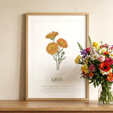 geboorteposter, gepersonaliseerd, geboortebloem, poster, maand, oktober, goudbloem, babykamer, botanische print, wanddecoratie, maandbloem, kunstafdruk, interieur, illustratie, Symboliek, kraamcadeau, poster natuur, kinderposter