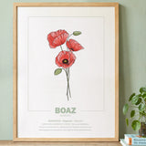 geboorteposter van maand augustus met geboortebloem klaproos gepersonaliseerd met naam & geboortedatum. Poster met geïllustreerde botanische print van maandbloem met symboliek in naturel houten lijst. Origineel wanddecoratie &  kraamcadeau.
