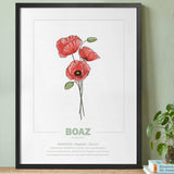 geboorteposter van maand augustus met geboortebloem klaproos gepersonaliseerd met naam & geboortedatum. Poster met geïllustreerde botanische print van maandbloem met symboliek in zwarte houten lijst. Origineel wanddecoratie &  kraamcadeau.