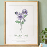 geboorteposter van maand februari met geboortebloem viooltje gepersonaliseerd met naam & geboortedatum. Poster met geïllustreerde botanische print van maandbloem met symboliek in naturel houten lijst. Origineel wanddecoratie &  kraamcadeau.