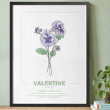 geboorteposter van maand februari met geboortebloem viooltje gepersonaliseerd met naam & geboortedatum. Poster met geïllustreerde botanische print van maandbloem met symboliek in zwarte houten lijst. Origineel wanddecoratie &  kraamcadeau.
