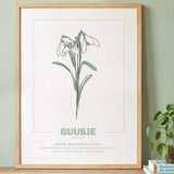 geboorteposter van maand januari met geboortebloem sneeuwklokje gepersonaliseerd met naam & geboortedatum. Poster met geïllustreerde botanische print van maandbloem met symboliek in naturel houten lijst. Origineel wanddecoratie &  kraamcadeau.