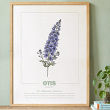 geboorteposter van maand juli met geboortebloem ridderspoor gepersonaliseerd met naam & geboortedatum. Poster met geïllustreerde botanische print van maandbloem met symboliek in naturel houten lijst. Origineel wanddecoratie &  kraamcadeau.