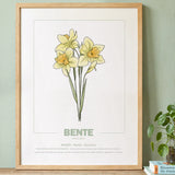 geboorteposter van maand januari met geboortebloem narcis gepersonaliseerd met naam & geboortedatum. Poster met geïllustreerde botanische print van maandbloem met symboliek in naturel houten lijst. Origineel wanddecoratie &  kraamcadeau.