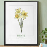 geboorteposter van maand januari met geboortebloem narcis gepersonaliseerd met naam & geboortedatum. Poster met geïllustreerde botanische print van maandbloem met symboliek in zwarte houten lijst. Origineel wanddecoratie &  kraamcadeau.