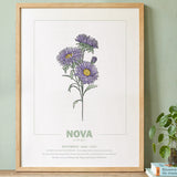 geboorteposter van maand september met geboortebloem aster gepersonaliseerd met naam & geboortedatum. Poster met geïllustreerde botanische print van maandbloem met symboliek in naturel houten lijst. Origineel wanddecoratie &  kraamcadeau.