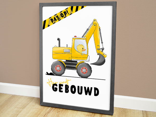 Poster voertuigen, poster kinderkamer, poster bouw, poster babykamer, muurposter, muur decoratie babykamer, kinderposters, kinderposter, hippe kraamcadeaus, graafmachine speelgoed, geboorteposter, geboorte poster, babykamer posters, babykado