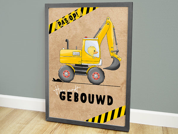 Poster voertuigen, poster kinderkamer, poster bouw, poster babykamer, muurposter, muur decoratie babykamer, kinderposters, kinderposter, hippe kraamcadeaus, graafmachine speelgoed, geboorteposter, geboorte poster, babykamer posters, babykado